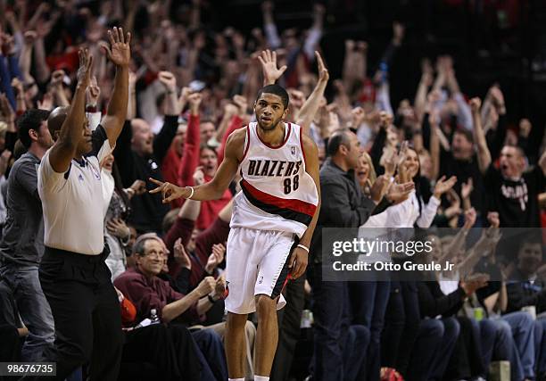 Nicolas Batum of the Portland Trail Blazers reacts near the end of the 96-87 defeat of the Phoenix Suns during Game Four of the Western Conference...