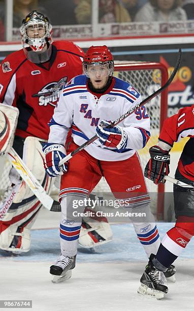 Gabriel Landeskog of the Kitchener rangers waits to tip a shot in the 5th game of the Western Conference Final against the Windsor Spitfires on April...