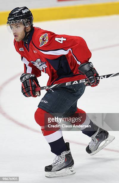 Taylor Hall of the Windsor Spitfires skates in the 5th game of the Western Conference Final against the Kitchener Rangers on April 22, 2010 at the...