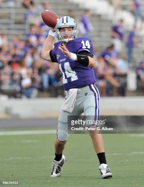 Quarterback Carson Coffman of the Kansas State Wildcats threw for 440-yards and 7 touchdowns during the Wildcats spring game on April 24, 2010 at...