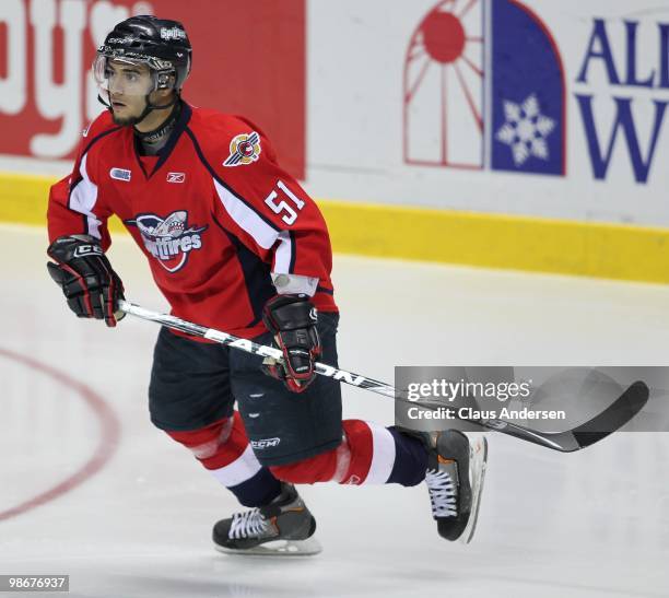 Mark Cundari of the Windsor Spitfires skates in the 5th game of the Western Conference Final against the Kitchener Rangers on April 22, 2010 at the...