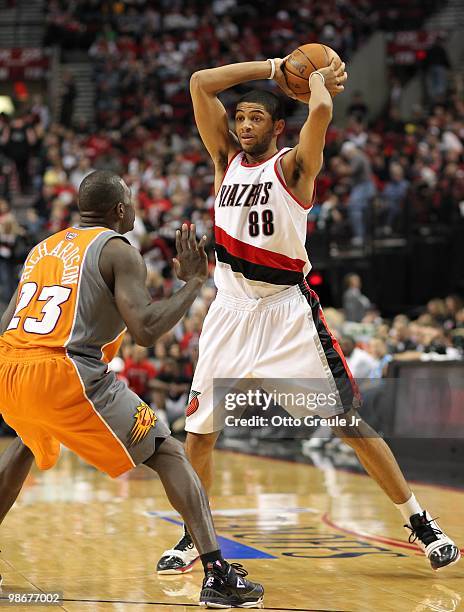Nicolas Batum of the Portland Trail Blazers in action against Jason Richardson of the Phoenix Suns during Game Four of the Western Conference...