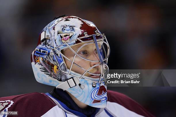 Goalie Craig Anderson of the Colorado Avalanche warms up before a game against the San Jose Sharks in Game Five of their Western Conference...