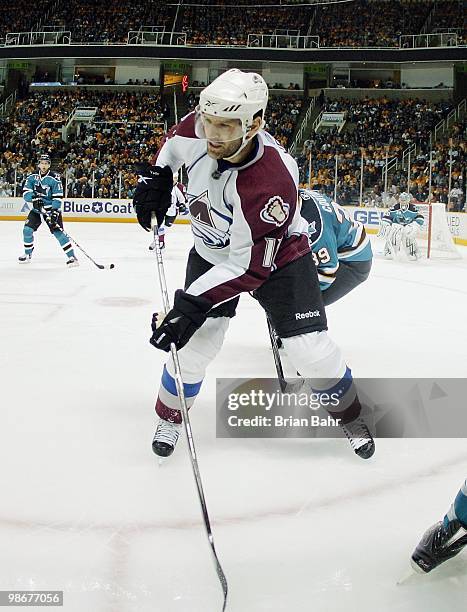 Stephane Yelle of the Colorado Avalanche blocks the San Jose Sharks in Game Five of their Western Conference Quaterfinals during the 2010 Stanley Cup...