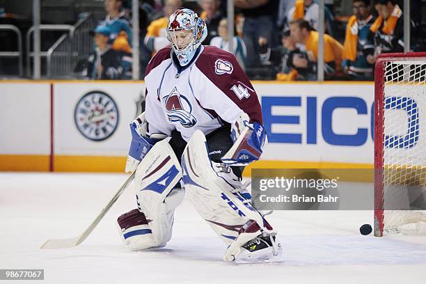 Craig Anderson of the Colorado Avalanche takes shots during the pregame skate against the San Jose Sharks before Game Five of their Western...