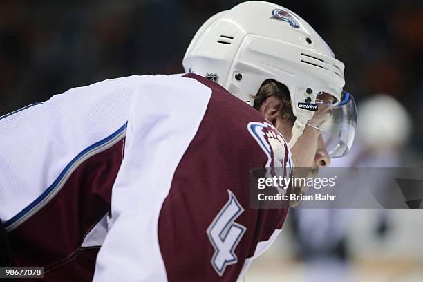 John-Michael Liles of the Colorado Avalanche warms up in the pregame skate against the San Jose Sharks for Game Five of their Western Conference...