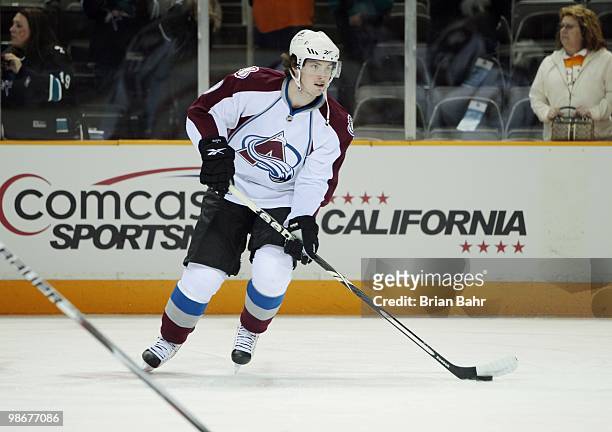 Matt Duchene of the Colorado Avalanche warms up for the San Jose Sharks before Game Five of their Western Conference Quaterfinals during the 2010...