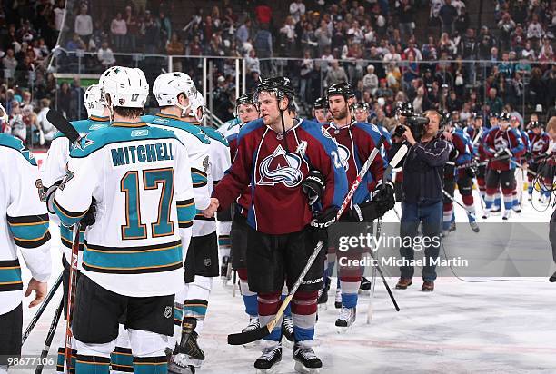 Paul Stastny and the rest of the Colorado Avalanche shake hands with the San Jose Sharks after losing 5-2 in Game Six of the Western Conference...
