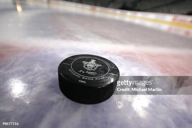 Detail view of an official game puck resting on the ice prior to the Colorado Avalanche against the San Jose Sharks in Game Six of the Western...