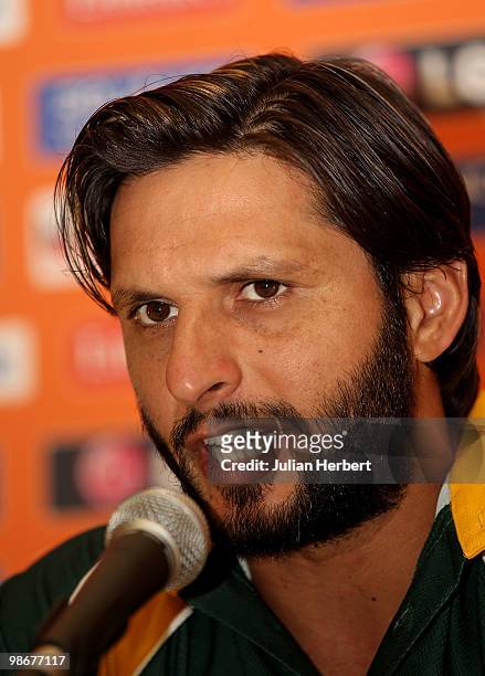 Shahid Afridi, the captain of The Pakistan Twenty20 team, attends a press conference on April 26, 2010 in Gros Islet, Saint Lucia.