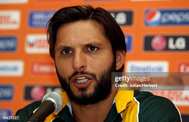 Shahid Afridi, the captain of The Pakistan Twenty20 team, attends a press conference on April 26, 2010 in Gros Islet, Saint Lucia.