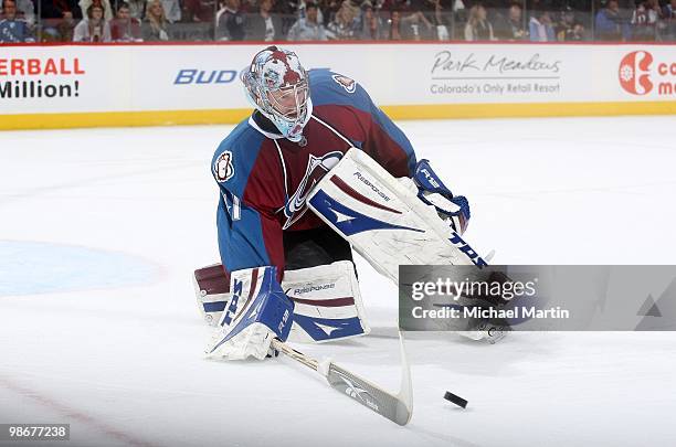 Goaltender Craig Anderson of the Colorado Avalanche makes a save against the San Jose Sharks in Game Six of the Western Conference Quarterfinals...