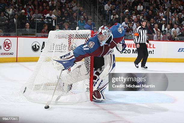 Goaltender Craig Anderson of the Colorado Avalanche makes a save against the San Jose Sharks in Game Six of the Western Conference Quarterfinals...