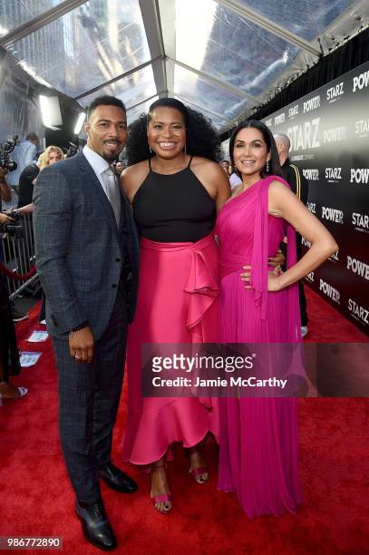 Omari Hardwick, "Power" Creator and Executive Producer Courtney A. Kemp, and Lela Loren attend the Starz "Power" The Fifth Season NYC Red Carpet...