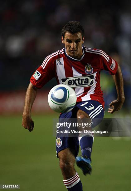 Jonathan Bornstein of Chivas USA clears the ball in the first half during their MLS match the San Jose Earthquakes at the Home Depot Center on April...