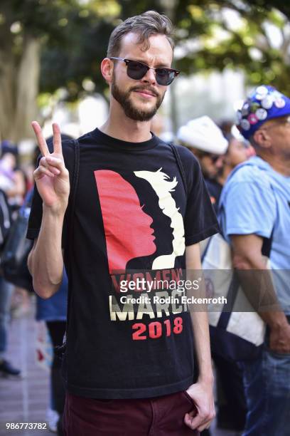 Nate Fulmer attends The Women's March LA Rally for Families Belong Together - A Day of Action at Los Angeles City Hall on June 28, 2018 in Los...