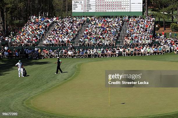 Tiger Woods on the 15th green during the second round of the 2010 Masters Tournament at Augusta National Golf Club on April 9, 2010 in Augusta,...