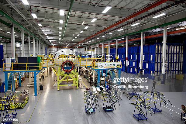 Boeing 787 composite forward fuselage section sits on the factory floor at Spirit AeroSystems in Wichita, Kansas, U.S., on Thursday, March 11, 2010....
