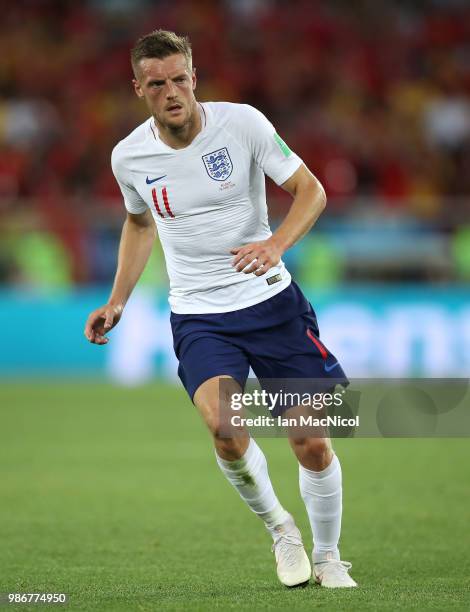 Jamie Vardy of England is seen during the 2018 FIFA World Cup Russia group G match between England and Belgium at Kaliningrad Stadium on June 28,...