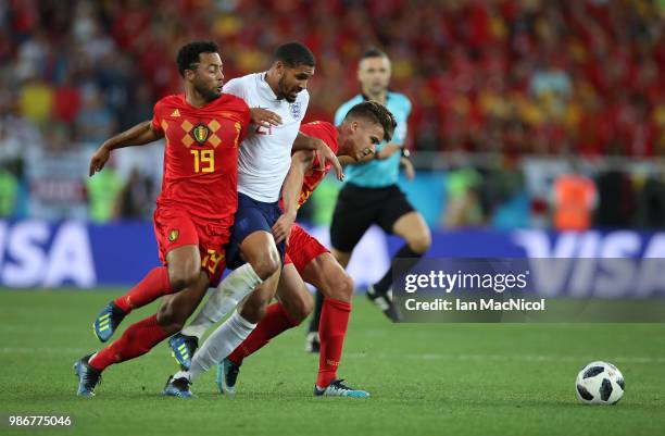 Mousa Dembele and Leander Dendoncker of Belgium vie with Ruben Loftus-Cheek of England during the 2018 FIFA World Cup Russia group G match between...