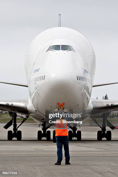 Boeing 747 LCF Dreamlifter, a plane used to transport pieces of the 787 Dreamliner around the world, taxis outside the Boeing Co. Commercial aircraft...