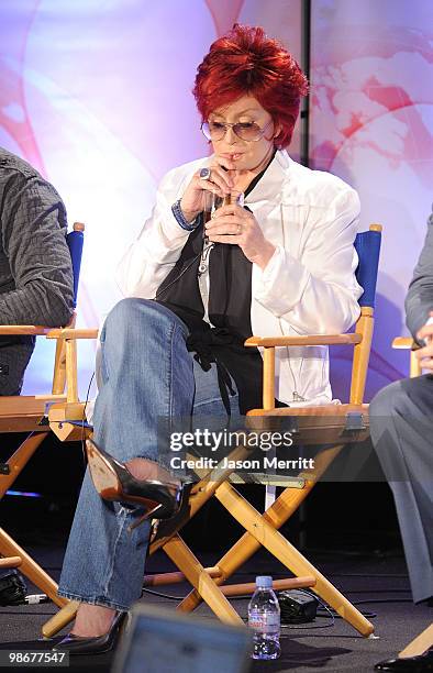 Judge Sharon Osbourne talks with reporters at the NBC Universal Summer Press Day on April 26, 2010 in Pasadena, California.