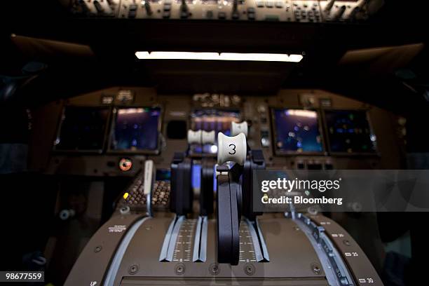 Number three appears on an engine control in the cockpit of a Boeing 747-8 cargo plane during final assembly in Everett, Washington, U.S., on...