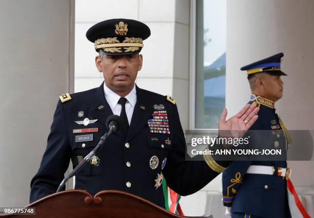 General Vincent Brooks, commander of the United Nations Command, US Forces Korea and Combined Forces Command, speaks during an opening ceremony for...