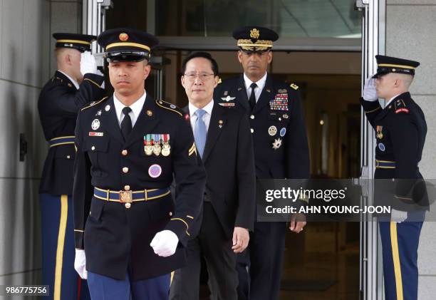 South Korean Defense Minister Song Young-moo and US General Vincent Brooks, , commander of the United Nations Command, US Forces Korea and Combined...