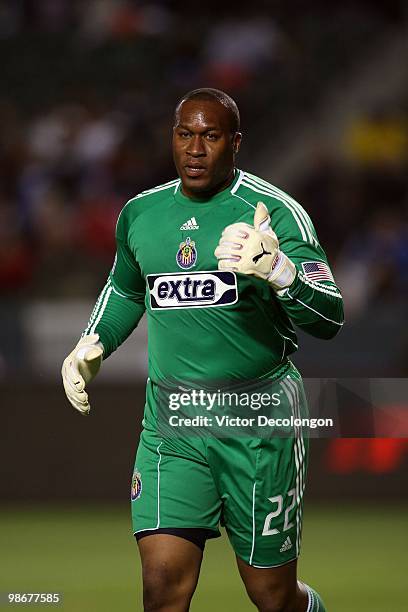 Goalkeeper Zach Thornton of Chivas USA signals to his defender in the first half during their MLS match against the San Jose Earthquakes at the Home...