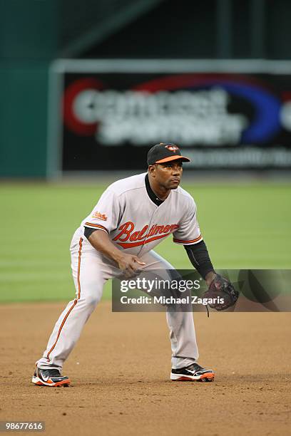 Miguel Tejada of the Baltimore Orioles fielding during the game against the Oakland Athletics at the Oakland Coliseum in Oakland, California on April...