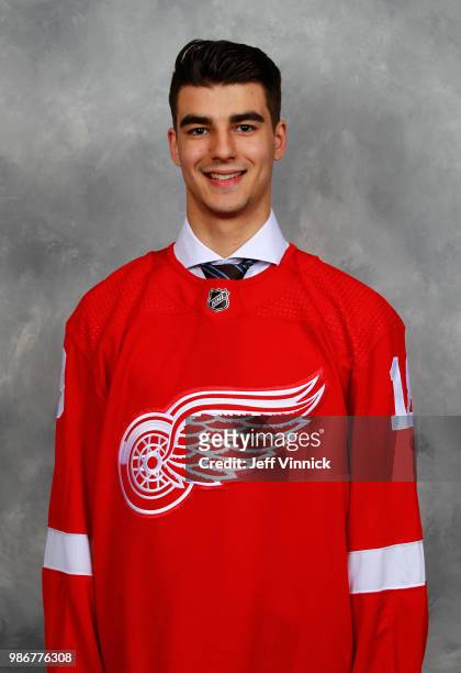 Joseph Veleno poses for a portrait after being selected thirtieth overall by the Detroit Red Wings during the first round of the 2018 NHL Draft at...