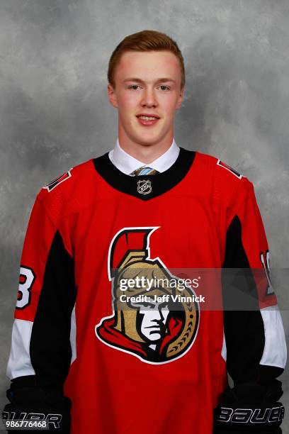 Jacob Bernard-Docker poses for a portrait after being selected twenty-sixth overall by the Ottawa Senators during the first round of the 2018 NHL...