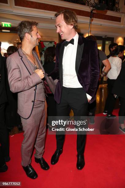 Philipp Hochmair and Lars Eidinger during the opening night of the Munich Film Festival 2018 reception at Hotel Bayerischer Hof on June 28, 2018 in...