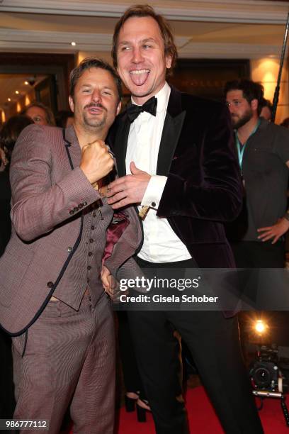 Philipp Hochmair and Lars Eidinger during the opening night of the Munich Film Festival 2018 reception at Hotel Bayerischer Hof on June 28, 2018 in...