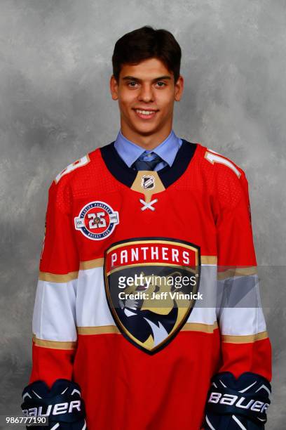 Grigori Denisenko poses for a portrait after being selected fifteenth overall by the Florida Panthers during the first round of the 2018 NHL Draft at...