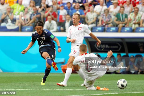 Takashi Usami of Japan shoots at goal during the 2018 FIFA World Cup Russia group H match between Japan and Poland at Volgograd Arena on June 28,...