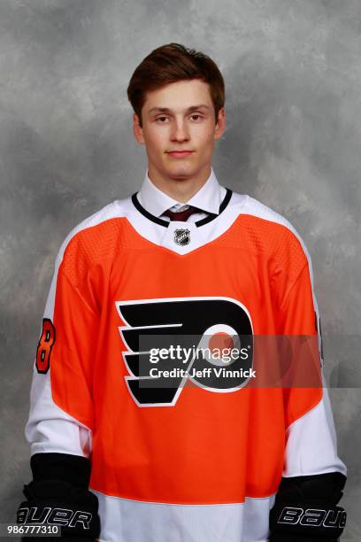Joel Farabee poses for a portrait after being selected fourteenth overall by the Philadelphia Flyers during the first round of the 2018 NHL Draft at...