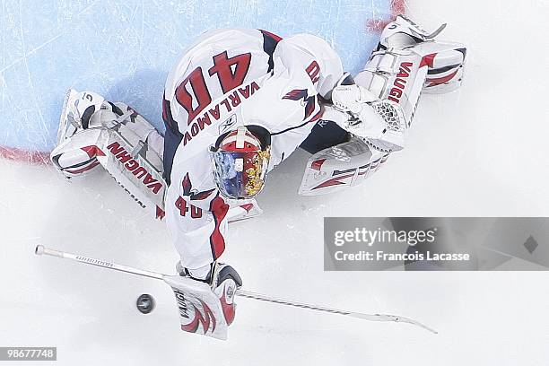 Semyon Varlamov of the Washington Capitals blocks a shot in Game Four of the Eastern Conference Quarterfinals against the Montreal Canadiens during...