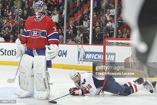 Carey Price of Montreal Canadiens waits for a face off in front of Eric Fehr of the Washington Capitals in Game Four of the Eastern Conference...