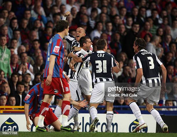 Gabriel Tamas of West Bromwich Albion is congratulated by Roman Koren after scoring during the Coca Cola Championship match between Crystal Palace...