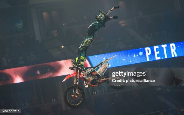 February 2018, Germay, Berlin, Mercedes-Benz Arena: motorcross-rider Petr Pilat of the Czech Republic in action during the "Night of the Jumps"....