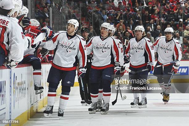 Brooks Laich of the Washington Capitals celebrates a goal with teammates in Game Four of the Eastern Conference Quarterfinals against the Montreal...