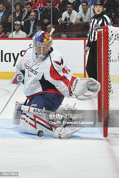 Semyon Varlamov of the Washington Capitals blocks a shot in Game Four of the Eastern Conference Quarterfinals against the Montreal Canadiens during...