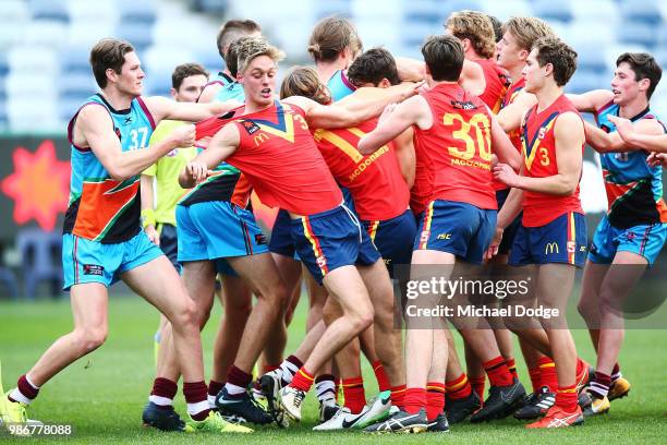 Melee eruts at quarter time after Hugo Munn of South Australia missed a kick for goal during the AFL U18 Championships match between the Allies and...