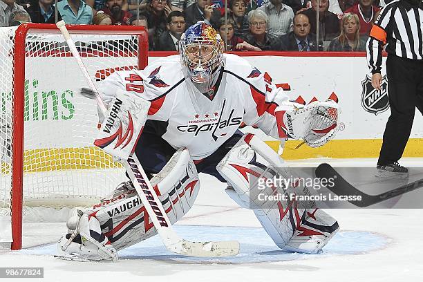 Semyon Varlamov of the Washington Capitals eyes the play in Game Four of the Eastern Conference Quarterfinals against the Montreal Canadiens during...