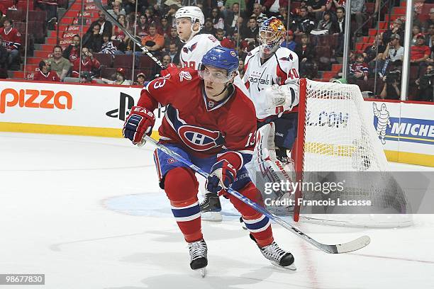 Mike Cammalleri of Montreal Canadiens waits for a pass in front of Semyon Varlamov of the Washington Capitals in Game Four of the Eastern Conference...