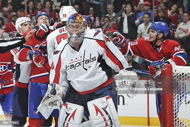 Semyon Varlamov of the Washington Capitals waits for a face off in Game Four of the Eastern Conference Quarterfinals against the Montreal Canadiens...