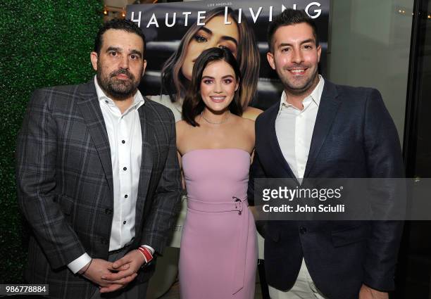 Co-founder,of Haute Living Media Group, Seth Semilof, Actress Lucy Hale and Dan Koday attend Haute Living's celebration of Lucy Hale's cover with...
