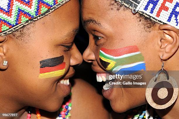 Cebille Khoza and Dudu wearing their cultural item, attend the Premier Soccer League and German Bundesliga partnership annoucement held at the...